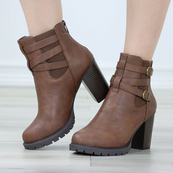 Brown Ankle Boots Chunky Lug Block Heel Synthetic Leather Round Toe - Picture 10 of 13